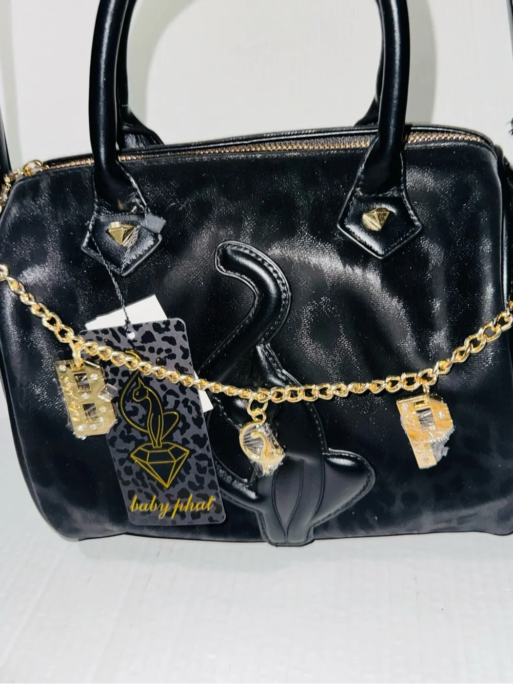 Baby Phat Black leopard print Satchel with Gold Charm Chain BNWT